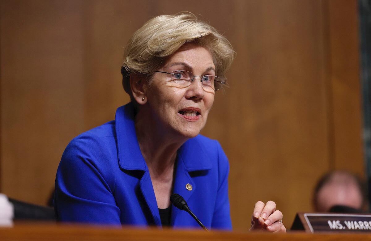 Sen. Elizabeth Warren (D-Mass.) speaks during a hearing on Capitol Hill in Washington on June 8, 2021. (Evelyn Hockstein/Getty Images)