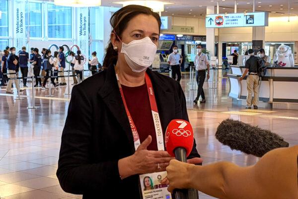 Queensland Premier Annastacia Palaszczuk speaks to the media upon arrival at Haneda Airport in Tokyo, Japan on July 19, 2021. (Getty Images)