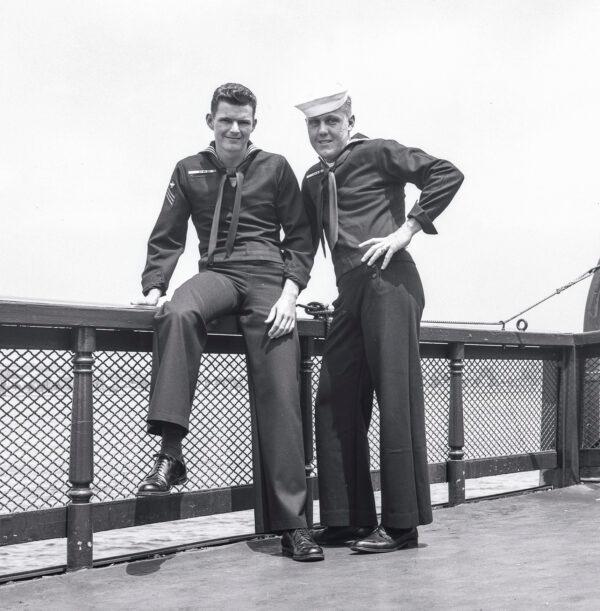 Kenneth LeBouef (left) and a fellow sailor aboard the USS Bon Homme Richard, circa 1952. (Courtesy Arthur Moss)