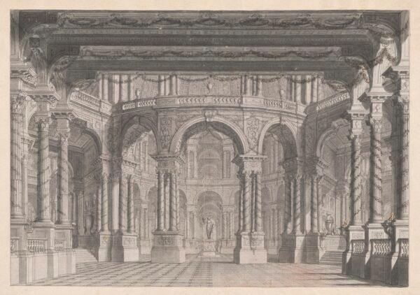 "A Colonnaded Stage," circa 1750, by Carlo Galli Bibiena. Pen and brown and black ink and gray wash; 10 7/8 inches by 15 5/8 inches. Promised gift of Jules Fisher, The Morgan Library & Museum. (Janny Chiu/The Morgan Library & Museum)