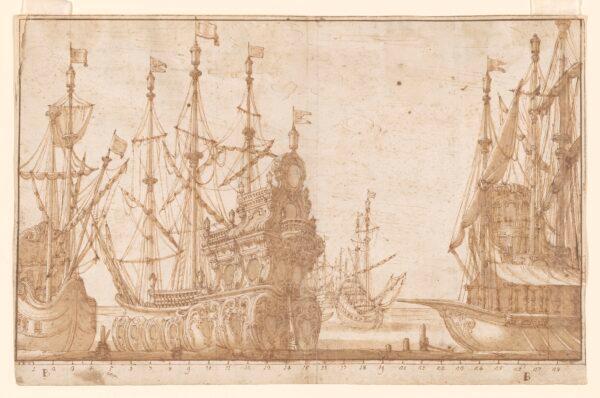 "Stage Design With Sailing Vessels," circa 1718, by Francesco Bibiena. Pen and brown ink and wash, over graphite; 10 inches by 15 3/8 inches. Gift of Jules Fisher, The Morgan Library & Museum. (Janny Chiu/The Morgan Library & Museum)
