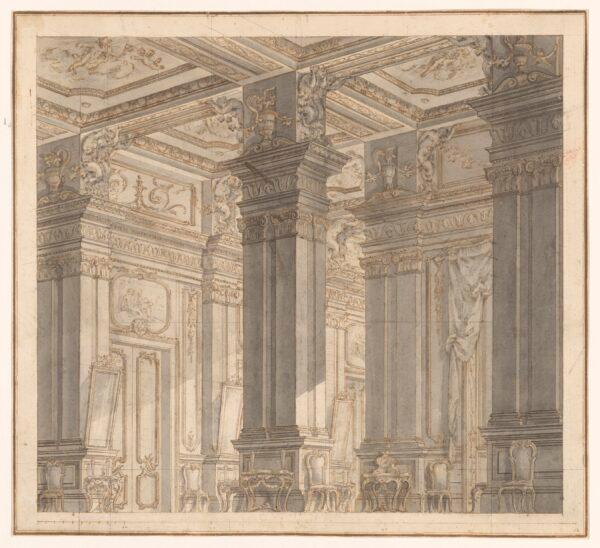 "Palace Interior With Tritons and Mirrored Gallery, a Design for the Stage," circa 1745–50, by Carlo Galli Bibiena. Pen and brown ink and gray wash, over black chalk; 13 5/8 inches by 15 inches. Gift of Jules Fisher, The Morgan Library & Museum. (Janny Chiu/The Morgan Library & Museum)