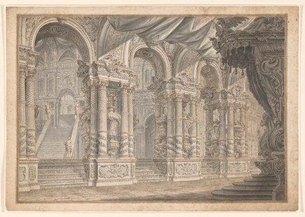 "Stage Set: Grand Palace Hall With Columns and Grand Staircase," 1719, by a follower of Ferdinando Galli Bibiena. Pen and brown ink and gray wash, over graphite; 14 5/8 inches by 20 7/8 inches. Promised gift of Jules Fisher, The Morgan Library & Museum. (Janny Chiu/The Morgan Library & Museum)