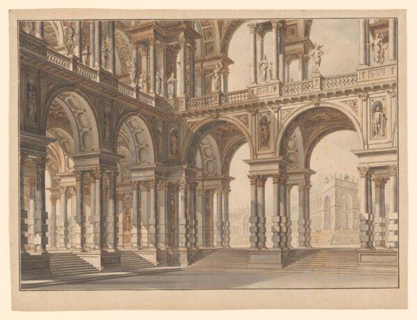 "Courtyard of a Princely Palace," circa 1719, by Giuseppe Galli Bibiena. Pen and brown ink, gray wash, and blue watercolor; 13 3/4 inches by 18 inches. Promised gift of Jules Fisher, The Morgan Library & Museum. (Janny Chiu/The Morgan Library & Museum)