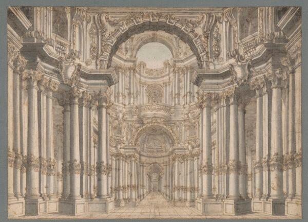 "Entryway Leading to a Courtyard and Two Levels of Galleries, a Design for the Stage," circa 1740–50, by Giuseppe Galli Bibiena. Pen and brown ink, gray wash, and blue watercolor, incised; 15 3/8 inches by 21 1/4 inches. Promised gift of Jules Fisher, The Morgan Library & Museum. (Janny Chiu/The Morgan Library & Museum)