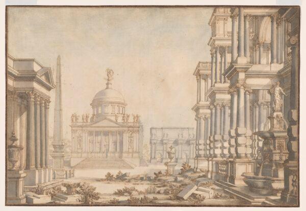 "Capriccio of Rome With Triumphal Arch and Neptune Fountain," circa 1740, by Giuseppe Galli Bibiena. Pen and brown ink and gray wash with blue watercolor, over graphite; 17 5/8 inches by 26 inches. Promised gift of Jules Fisher, The Morgan Library & Museum. (Janny Chiu/The Morgan Library & Museum)