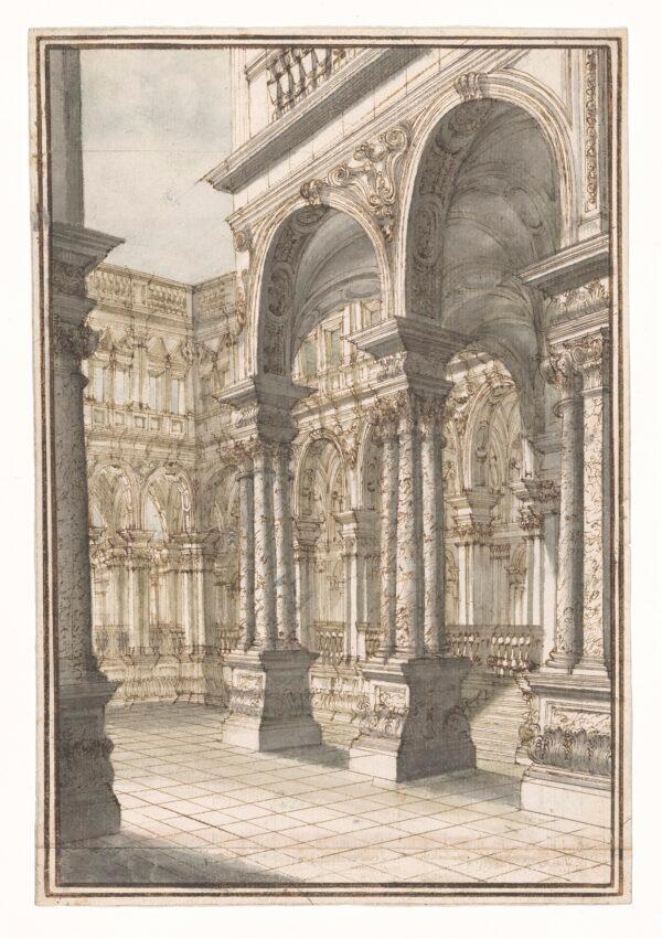 "Courtyard of a Palace, a Design for the Stage," circa 1710–20, by Giuseppe Galli Bibiena. Pen and brown ink, gray wash, and blue watercolor, over graphite; 12 1/8 inches by 8 1/4 inches. Promised gift of Jules Fisher, The Morgan Library & Museum. (Janny Chiu/The Morgan Library & Museum)