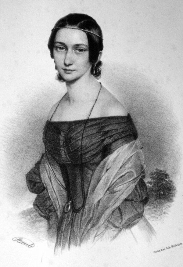 Clara Wieck in an idealized lithograph by Andreas Staub, circa 1839. (Public Domain)