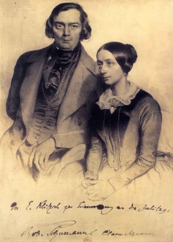 An 1847 lithograph of Robert and Clara Schumann. (Public Domain)