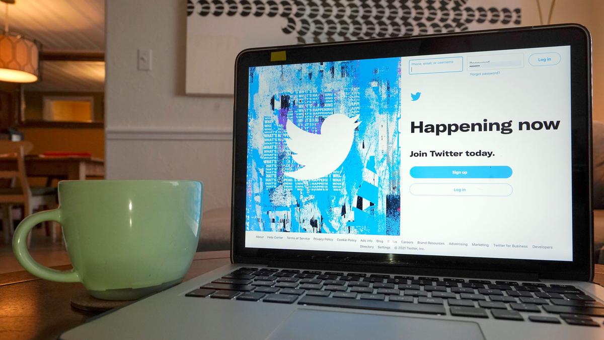 The login/sign-up screen for a Twitter account is seen on a laptop computer in Orlando, Fla., on April 27, 2021. (John Raoux/AP Photo)