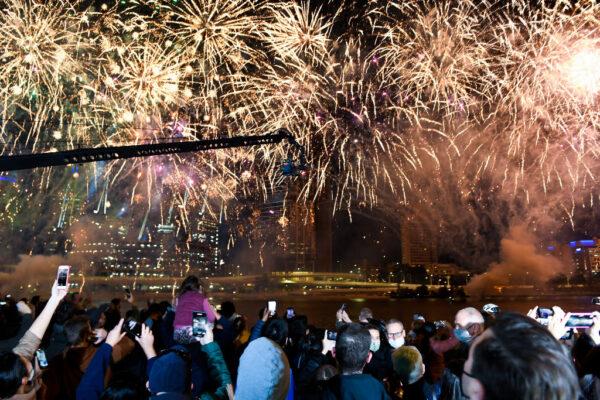 A general view is seen of fireworks after Brisbane was announced as the host city of the 2032 Olympics at the Brisbane Olympic Live Site in Brisbane, Australia, on July 21, 2021. (Albert Perez/Getty Images)