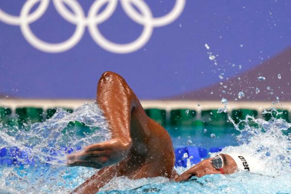 Ahmed Hafnaoui, of Tunisia, swims in the final of the men's 400-meter freestyle at the 2020 Summer Olympics in Tokyo, Japan, on July 25, 2021. (Martin Meissner/AP)
