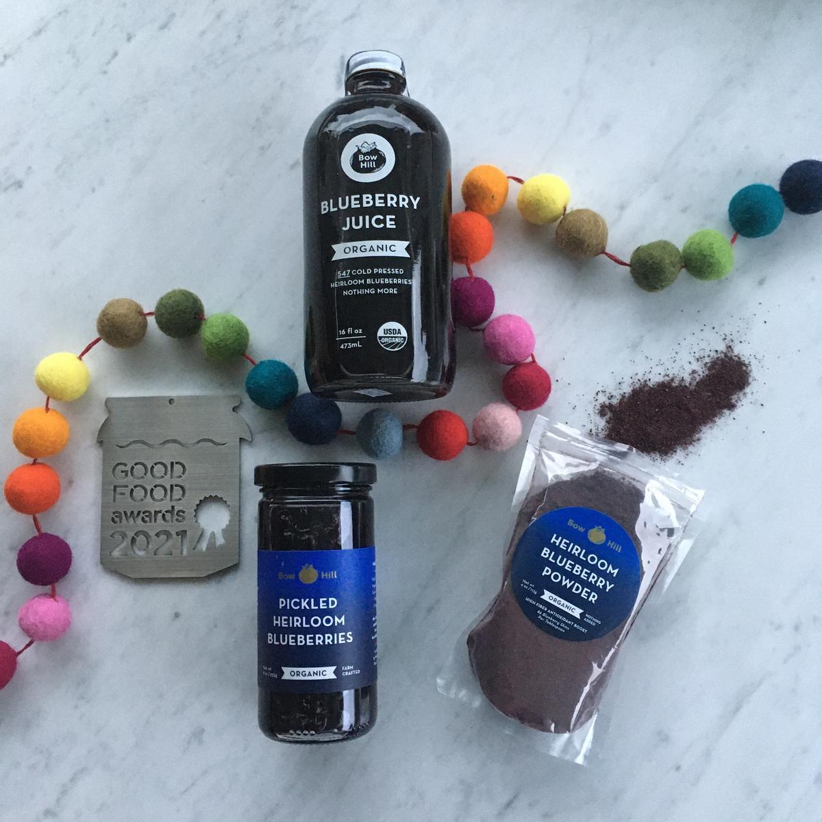 Bow Hill's Organic Blueberry Juice, Organic Heirloom Pickled Blueberries, and Organic Heirloom Blueberry Powder. The juice and pickled blueberries are 2021 Good Food Awards winners. (Courtesy of Bow Hill Blueberries)