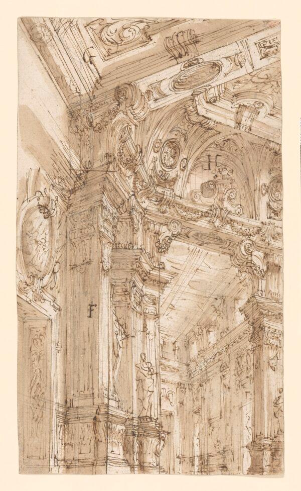 "Left Portion of a Palatial Hall, a Design for the Stage," circa 1720–30, by Ferdinando Galli Bibiena. Pen and brown ink and wash, over graphite; 11 3/4 inches by 6 7/8 inches. Gift of Jules Fisher, The Morgan Library & Museum. (Janny Chiu/The Morgan Library & Museum)