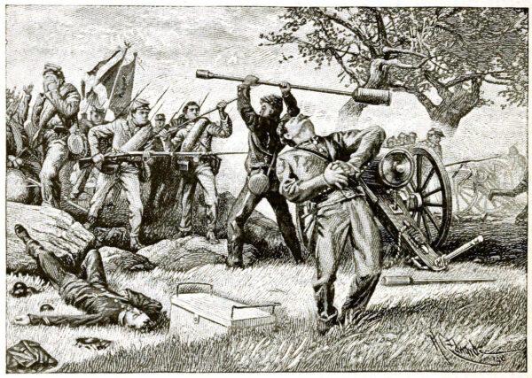 Depiction of cadets from the Virginia Military Institute at the Battle of New Market (1864) during the American Civil War. Engraving by H.C. Edwards from the 1903 American history textbook “A School History of the United States.” (Public Domain)