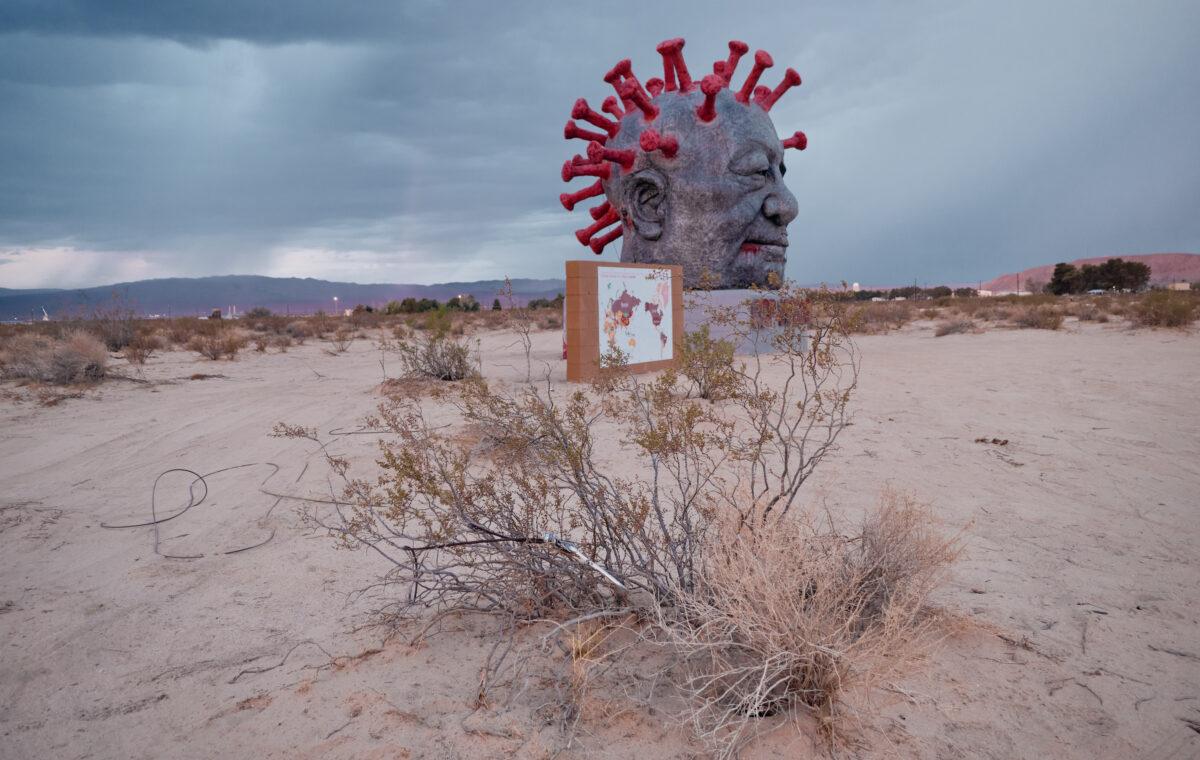 The “CCP Virus” sculpture was unveiled at Liberty Sculpture Park in Yermo, Calif., on June 4, 2021, the anniversary of China’s Tiananmen Square massacre. (Courtesy of Jonas Yuan)