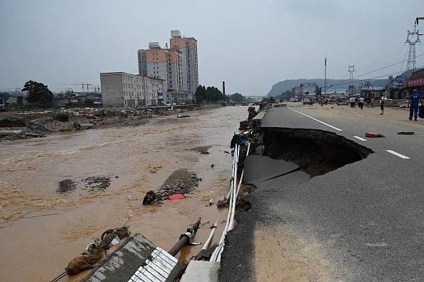 Road collapses after severe flooding and landslides in recent days have hit the county-level Gongyi city, near Zhengzhou, in central Chinas Henan Province on July 22, 2021. (Jade Gao/AFP via Getty Images)