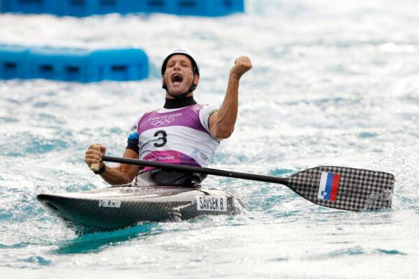 Benjamin Savsek of Team Slovenia reacts following his gold medal run in the Men's Canoe Slalom Final on day three of the Tokyo 2020 Olympic Games at Kasai Canoe Slalom Centre in Tokyo, Japan, on July 26, 2021. (Adam Pretty/Getty Images)