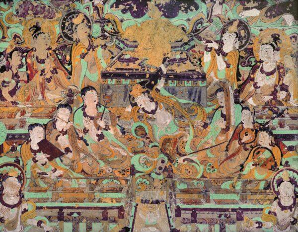 Part of "Buddha of Medicine Bhaishajyaguru (Yaoshi Fo)," by unknown artist, A.D. 762–827, Mid-Tang Dynasty. This part of the wall painting is from the Mogao Caves, also known as Caves of the Thousand Buddhas, cave 112. The Buddhas all wear traditional ornaments made of gold, silver, and jade around their necks. (Public Domain)