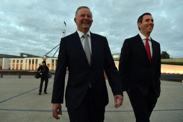 Leader of the Opposition Anthony Albanese and Shadow Treasurer Jim Chalmers arrive for morning television interviews at Parliament House in Canberra, Australia, on May 12, 2021. (Sam Mooy/Getty Images)
