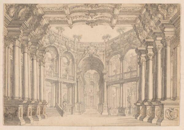 "Colonnaded Stage Set," circa 1750, attributed to Carlo Galli Bibiena. Pen and brown and black ink with gray wash; 13 3/8 inches by 19 1/4 inches. Promised gift of Jules Fisher, The Morgan Library & Museum. (Janny Chiu/The Morgan Library & Museum)
