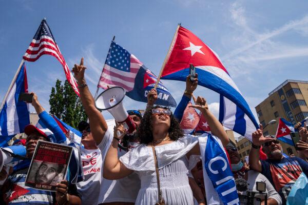 Cuban activists and supporters rally outside the Cuban Embassy during a Cuban freedom rally in Washington on July 26, 2021. (Drew Angerer/Getty Images)
