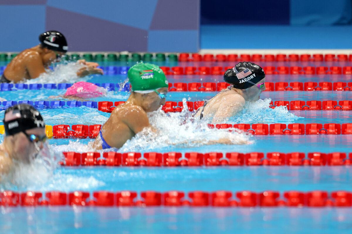 : Lydia Jacoby of Team United States competes in the Women's 100m Breaststroke Final on day four of the Tokyo 2020 Olympic Games at Tokyo Aquatics Centre in Tokyo, Japan on July 27, 2021. (Al Bello/Getty Images)