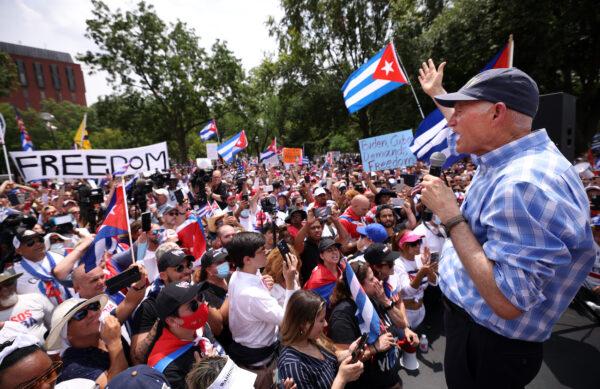 Sen. Rick Scott (R-Fla.) speaks at a Cuban freedom rally near the White House on July 26, 2021. (Kevin Dietsch/Getty Images)