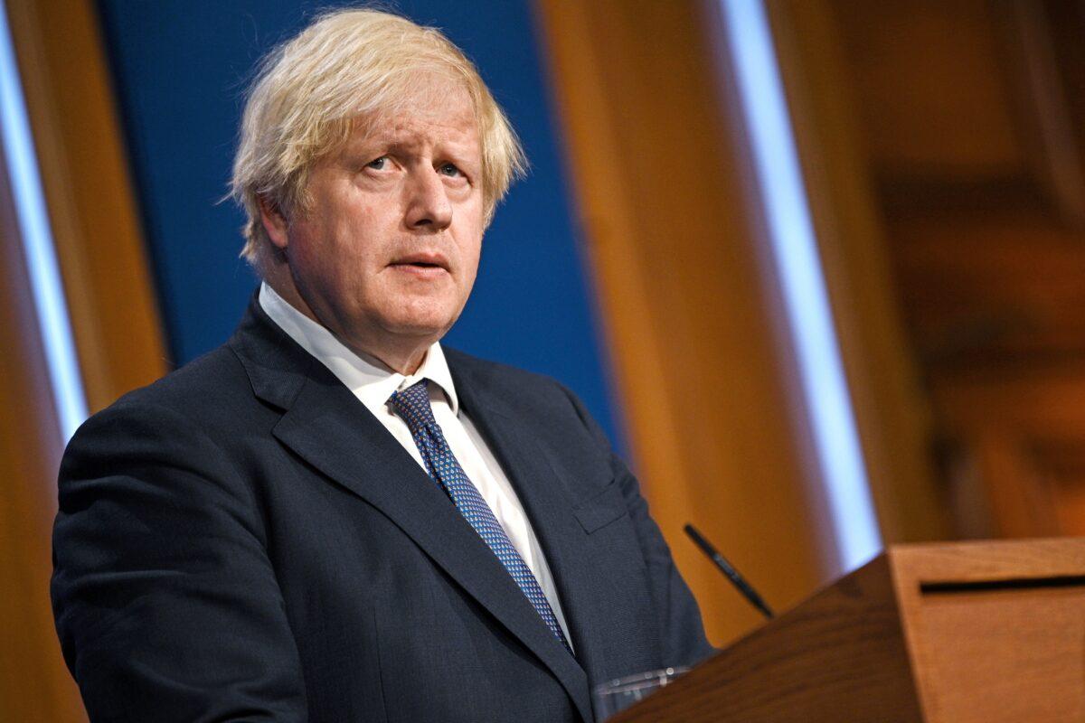 Britain's Prime Minister Boris Johnson at a news conference inside the Downing Street Briefing Room in London on July 12, 2021. (Daniel Leal-Olivas/Pool via Reuters)