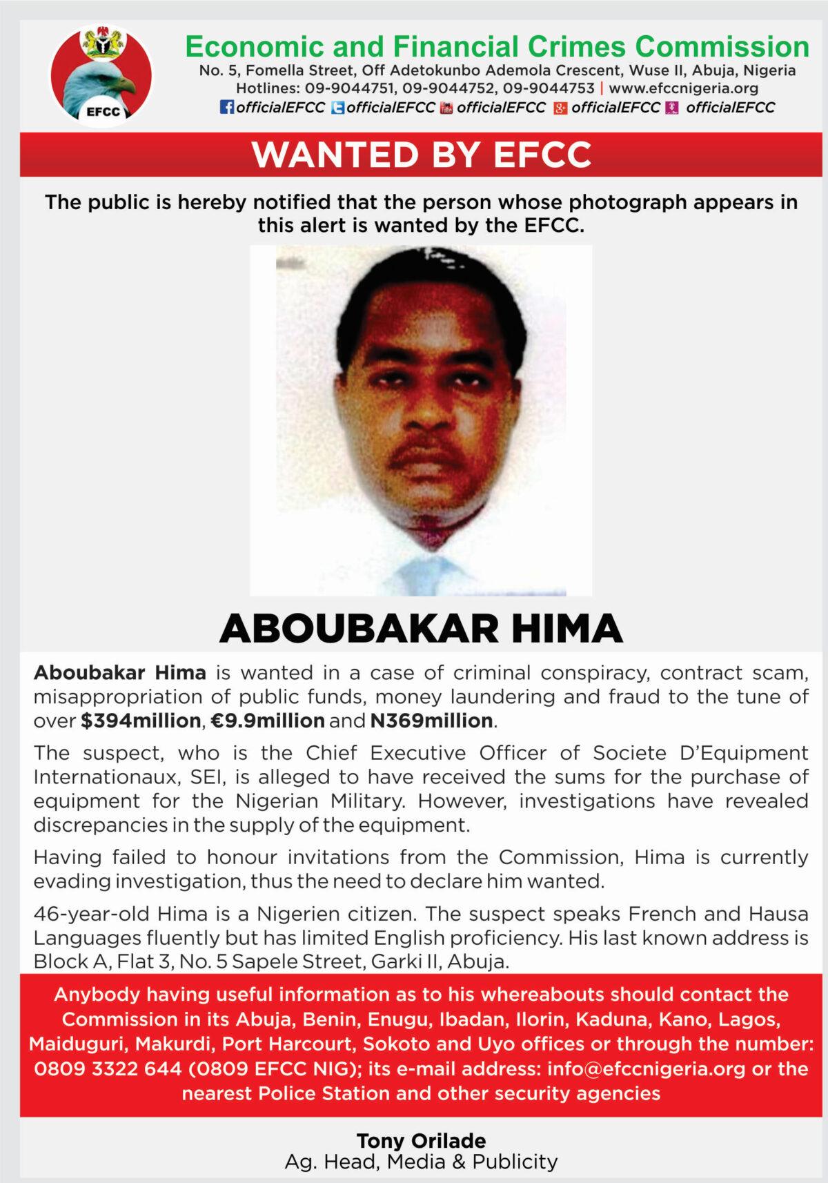 Wanted poster of Aboubakar Hima (Economic and Financial Crimes Commission)
