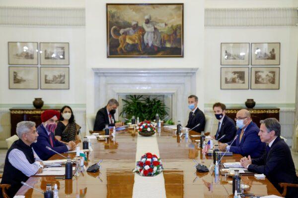 India's Minister of External Affairs Subrahmanyam Jaishankar and U.S. Secretary of State Antony Blinken deliver opening remarks as they sit down to meet at Hyderabad House in New Delhi, India, on July 28, 2021. (Jonathan Ernst/Reuters)