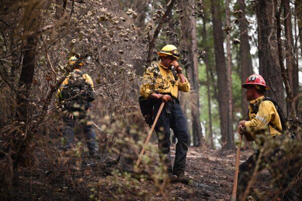 Firefighter hand crews take a break as they put out hot spots and mop up in an area burned in the Dixie Fire, near rustic mountain cabin homes on a hillside in Twain, Calif., on July 26, 2021. (Robyn Beck/AFP via Getty Images)
