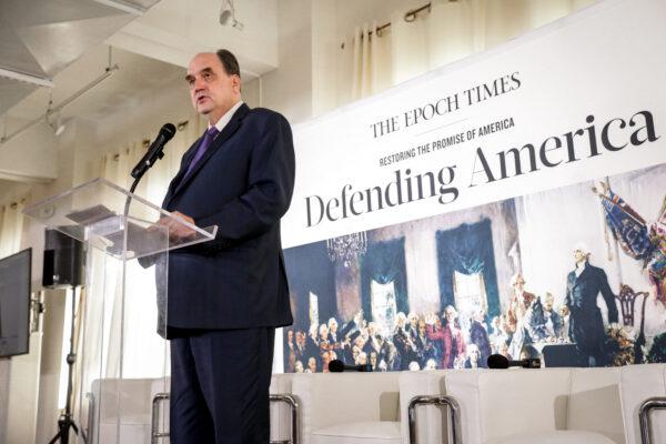Stephen Gregory speaks at The Epoch Times' Defending the Constitution event in New York City, on July 19, 2021. (Samira Bouaou/The Epoch Times)