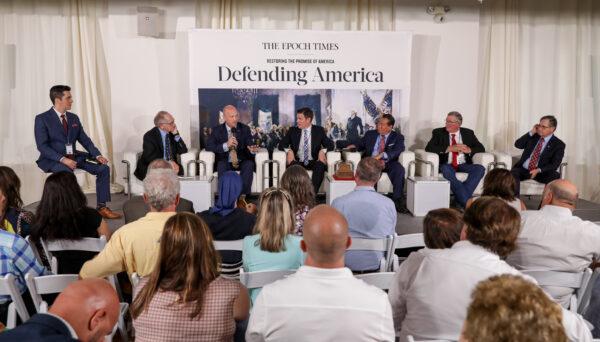 From left to right: Joshua Phillips, Alan Dershowitz, Kevin Roberts, Timothy Barton, Ché Ahn, Rex Steninger, and Rob Natelson during a Q&A session at The Epoch Times' Defending the Constitution event in New York City, on July 19, 2021. (Samira Bouaou/The Epoch Times)