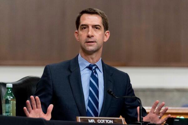 Sen. Tom Cotton (R-Ark.) speaks during a hearing to examine United States Special Operations Command and United States Cyber Command in review of the Defense Authorization Request for fiscal year 2022 and the Future Years Defense Program, on Capitol Hill in Washington, on March 25, 2021. (Andrew Harnik/Pool/Getty Images)