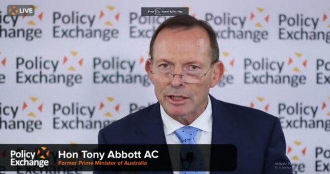 Former Prime Minister of Australia Tony Abbott addressing the Policy Exchange (Screenshot)