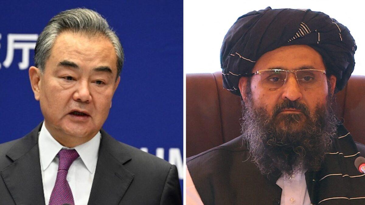 (L) Chinese Foreign Minister Wang Yi speaks during the Lanting Forum in Beijing, on June 25, 2021. (R) The leader of the Taliban negotiating team Mullah Abdul Ghani Baradar looks on the final declaration of the peace talks between the Afghan government and the Taliban in Doha, Qatar, on July 18, 2021. (Jade Gao, Karim Jaafar/AFP via Getty Images)