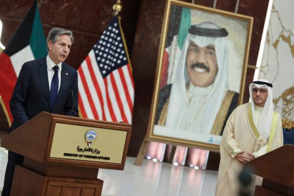Kuwaiti Foreign Minister Sheikh Ahmad Nasser Al-Mohammad Al-Sabah (R) and U.S. Secretary of State Antony Blinken (L) hold a joint news conference at the Ministry of Foreign Affairs in Kuwait City, Kuwait, on July 29, 2021. (Jonathan Ernst/Pool via AP)