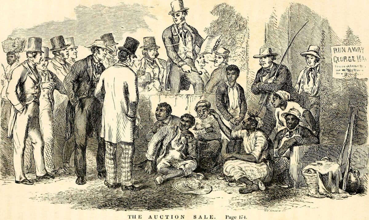 The novel showed many aspects of the inhumanity of slavery. An Illustration of a slave auction from “Uncle Tom’s Cabin.” From an 1852 editiion published by John. P. Jewett, Boston. (Public Domain)