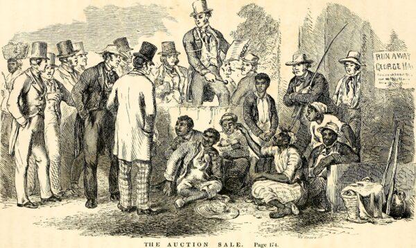 The novel showed many aspects of the inhumanity of slavery. An illustration of a slave auction from “Uncle Tom’s Cabin.” From an 1852 edition published by John P. Jewett, Boston. (Public Domain)