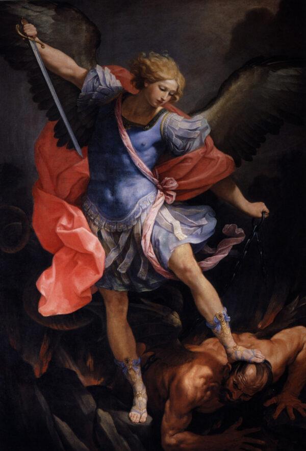 “Archangel Michael Tramples Satan,” between circa 1630 and circa 1635, by Guido Reni. Oil on canvas, 115.3 inches by 79.5 inches. Our Lady of the Conception of the Capuchins, Rome. (Public Domain)