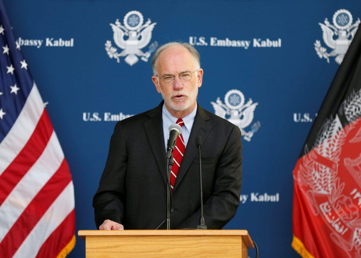 Ambassador Ross Wilson, U.S. Charge D'Affaires, speaks during a press conference at the U.S. Embassy in Kabul, Afghanistan, on July 30, 2021. (Stringer/Reuters)
