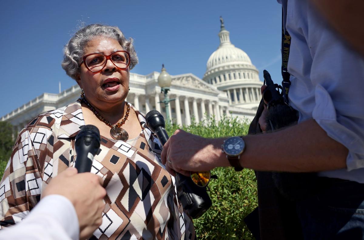 Texas State Rep. Senfronia Thompson, a Democrat, speaks to members of the media at a news conference on voting rights outside the U.S. Capitol on July 13, 2021. (Kevin Dietsch/Getty Images)