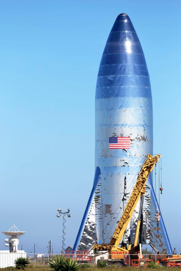 In this Jan. 12, 2019 file photo, the SpaceX prototype Starship hopper stands at the Boca Chica Beach site in Texas. (Miguel Roberts/The Brownsville Herald via AP, File)