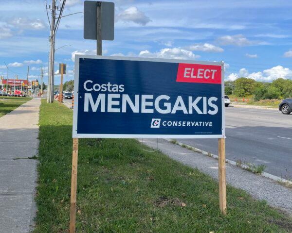 Ontario campaign sign for Conservative candidate Costas Menegakis. (The Epoch Times)
