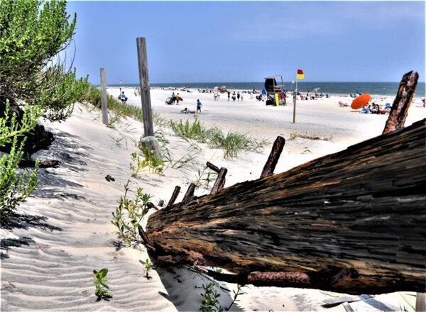 The remains of a shipwreck in the Outer Banks of North Carolina serve to show the wide expanse of white-sand beaches available to visitors. (Courtesy of Outer Banks Visitors Bureau)
