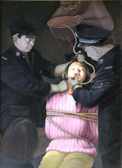 An illustration of force-feeding. (<a href="https://en.minghui.org/">Minghui.org</a>)