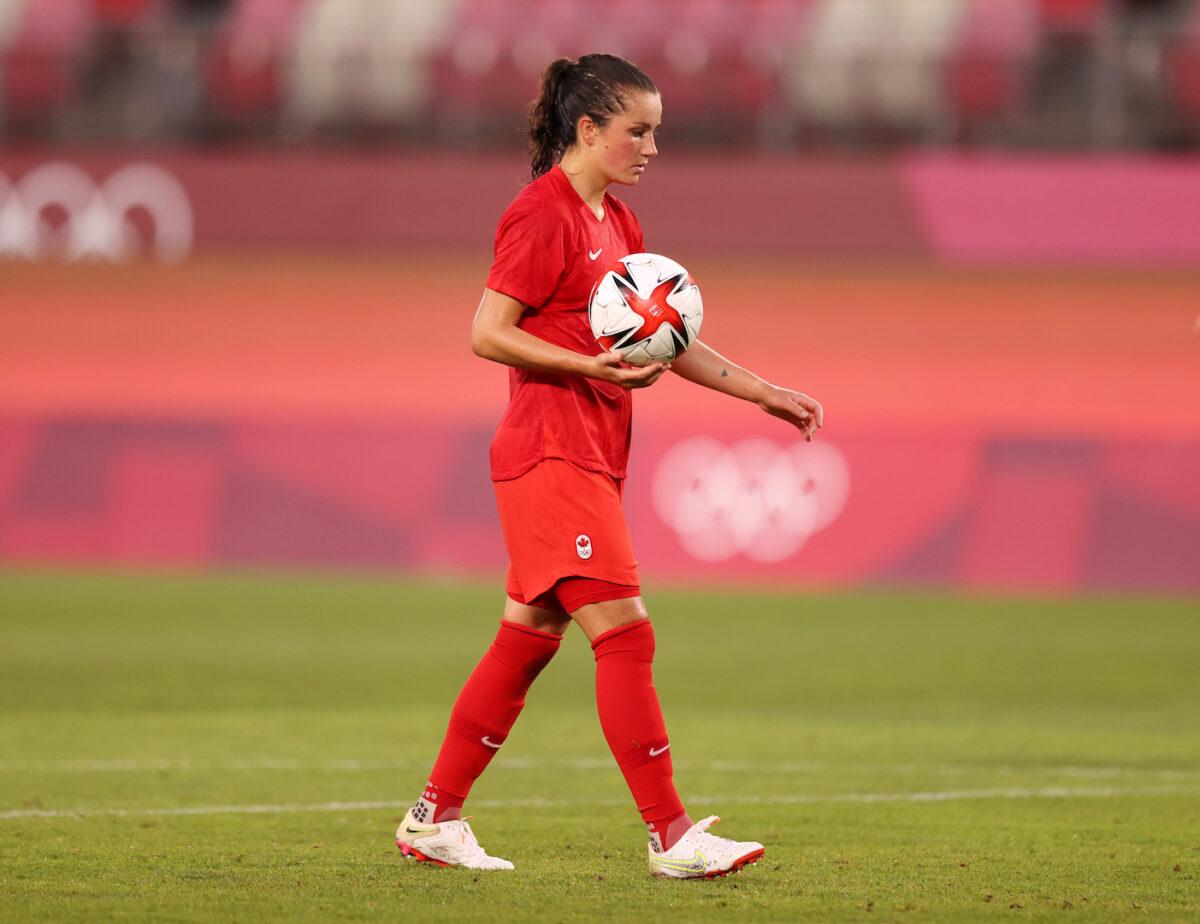 Jessie Fleming of Team Canada prepares to take a penalty during the women's semifnal match between USA and Canada on day ten of the Tokyo Olympic Games at Kashima Stadium on Aug. 2, 2021 in Kashima, Ibaraki, Japan. (Naomi Baker/Getty Images)