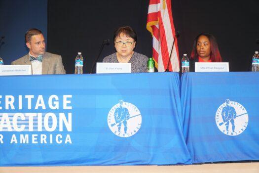 Heritage Action for America hosted a panel discussion in Georgetown, Delaware, on critical race theory (CRT), on July 29, 2021. Xi Van Fleet (center), who grew up in communist China, talked about CRT and the Chinese Culture Revolution. (Lily Sun/The Epoch Times)