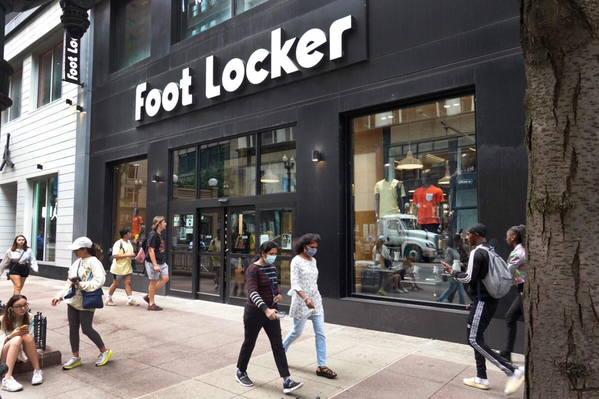 A sign hangs above the entrance of a Foot Locker store in Chicago, Ill., on Aug. 2, 2021. (Scott Olson/Getty Images)